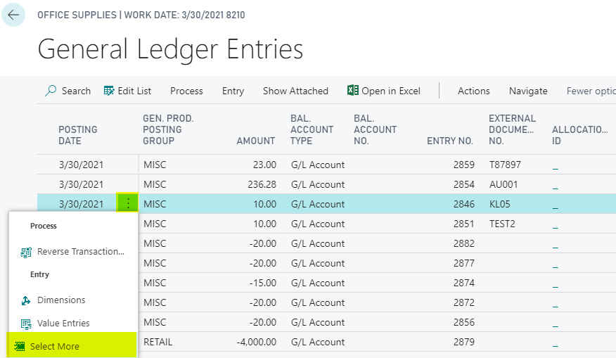 General Ledger Entries Select More